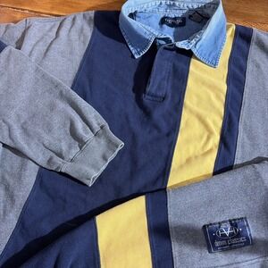 Vintage Van Heusen Rugby Shirt Men's 2XL Blue Colorblock Denim Collar 90s Preppy